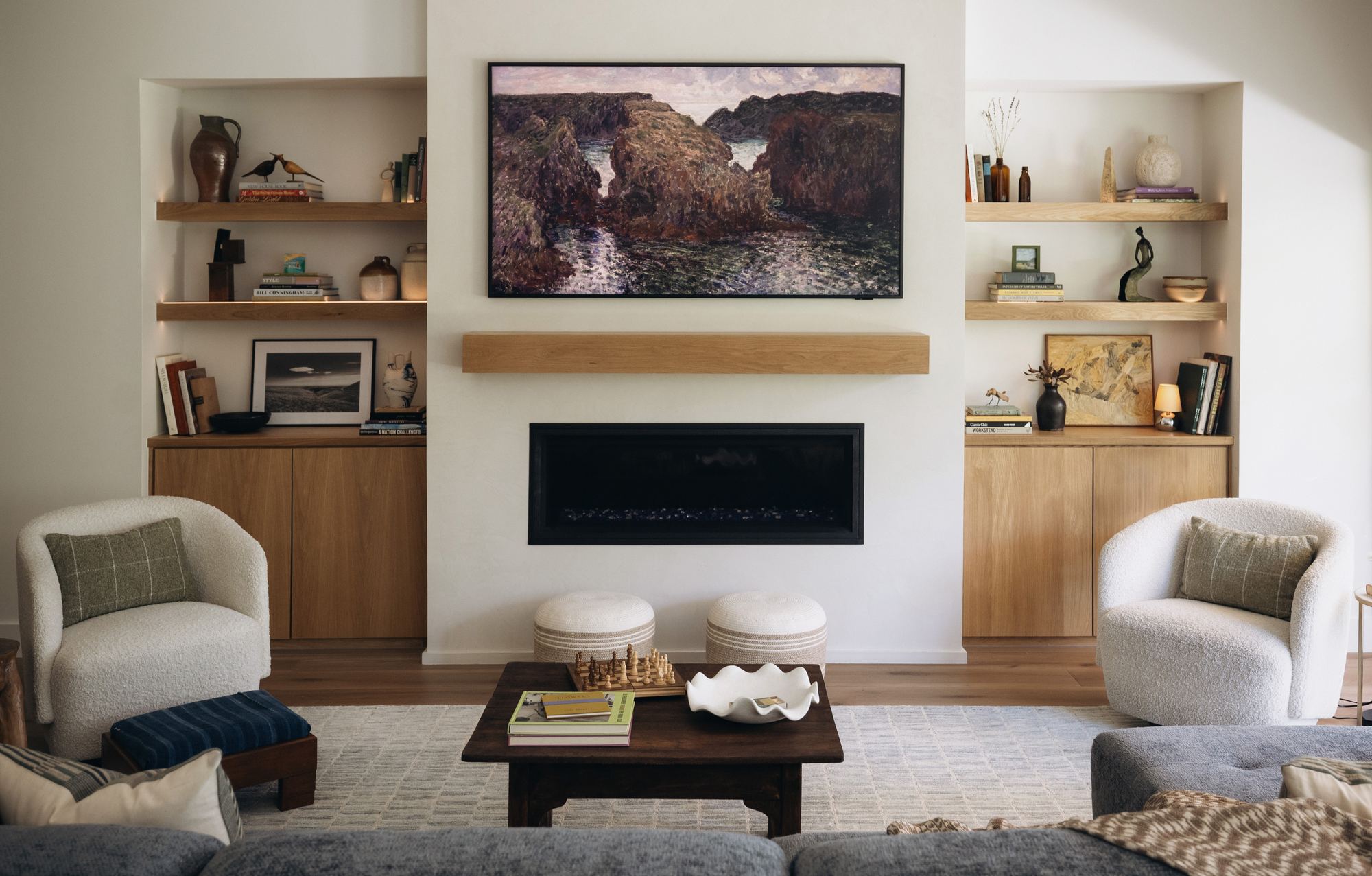 Living room with custom built-ins and a linear fireplace, Austin interior design project